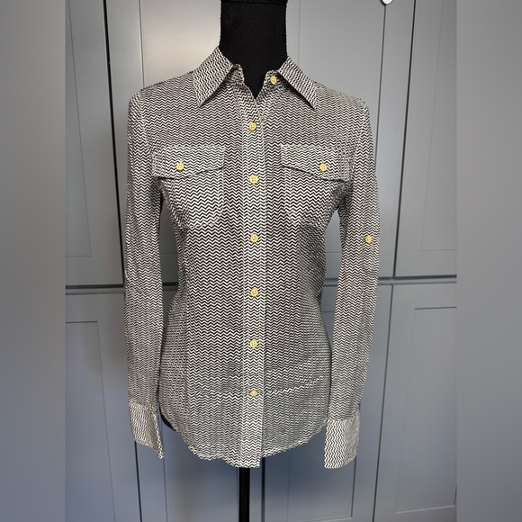 Tory Burch Tops - Tory Burch Womens 2 Herringbone Top‎ Shirt Black Ivory  Button Down Roll